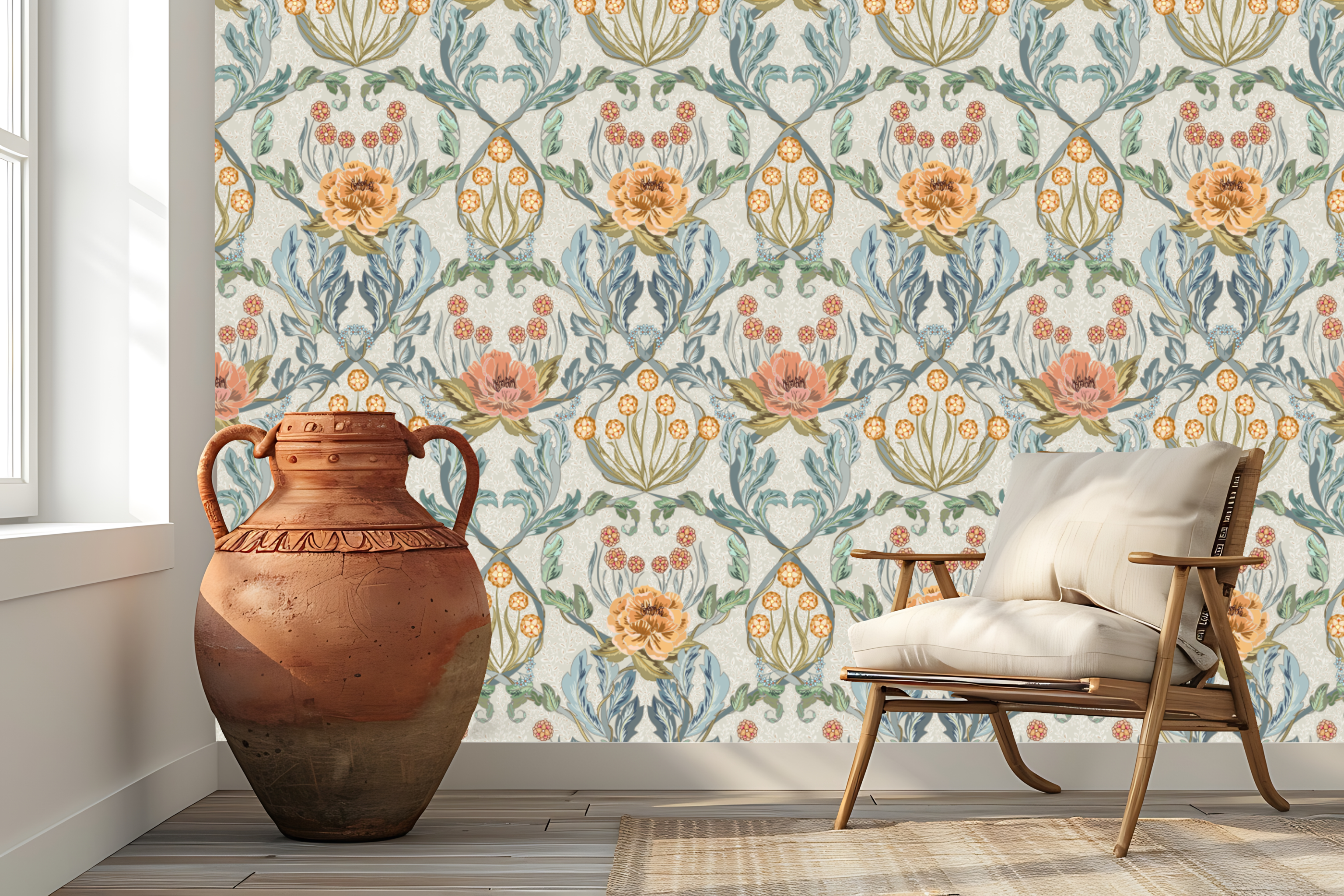 Floral Heritage Morris Antique peel and stick wallpaper room mockup